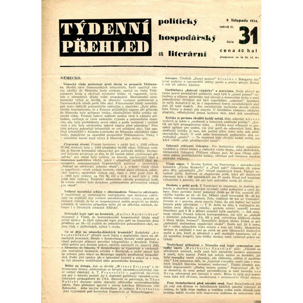 Týdenní přehled politický, hospodářský a literární, ročník II., číslo 31/1934 (1. republika, noviny)