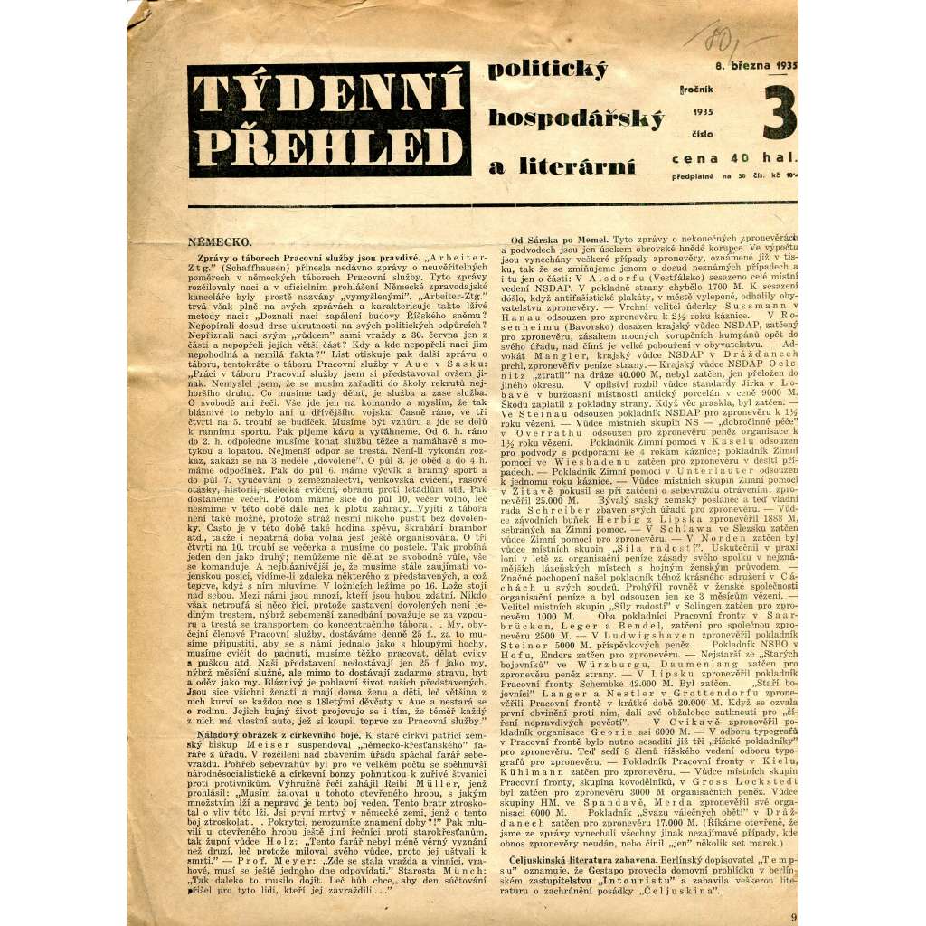 Týdenní přehled politický, hospodářský a literární, číslo 3/1935 (1. republika, noviny)