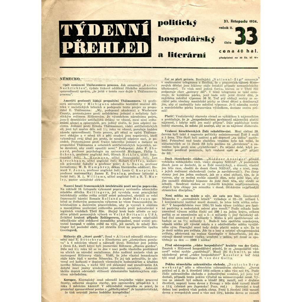 Týdenní přehled politický, hospodářský a literární, ročník II., číslo 33/1934 (1. republika, noviny)