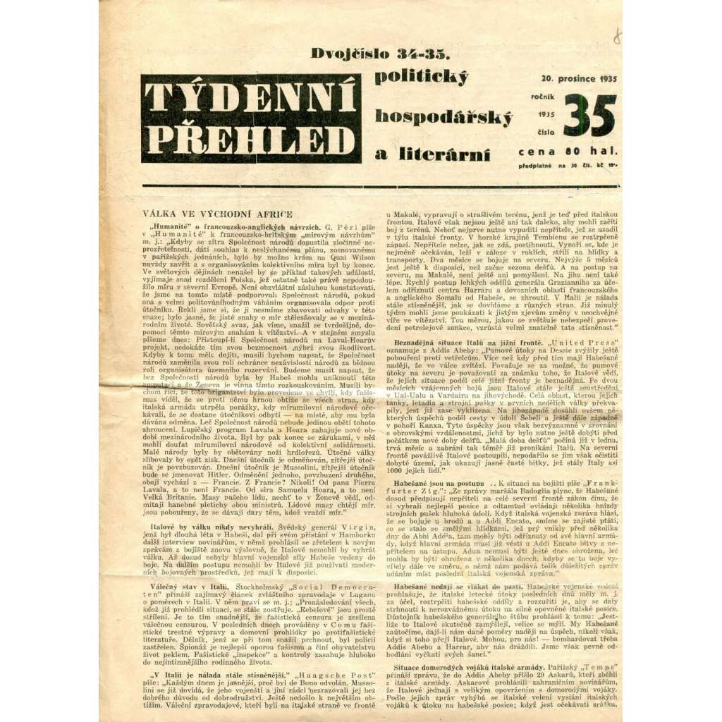 Týdenní přehled politický, hospodářský a literární, číslo 35/1935 (1. republika, noviny)