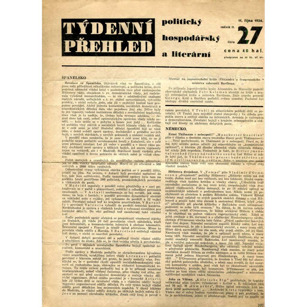 Týdenní přehled politický, hospodářský a literární, ročník II., číslo 27/1934 (1. republika, noviny)
