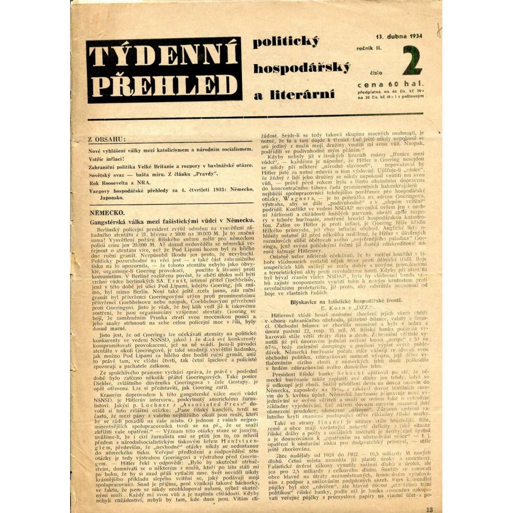 Týdenní přehled politický, hospodářský a literární, ročník II., číslo 2/1934 (1. republika, noviny)