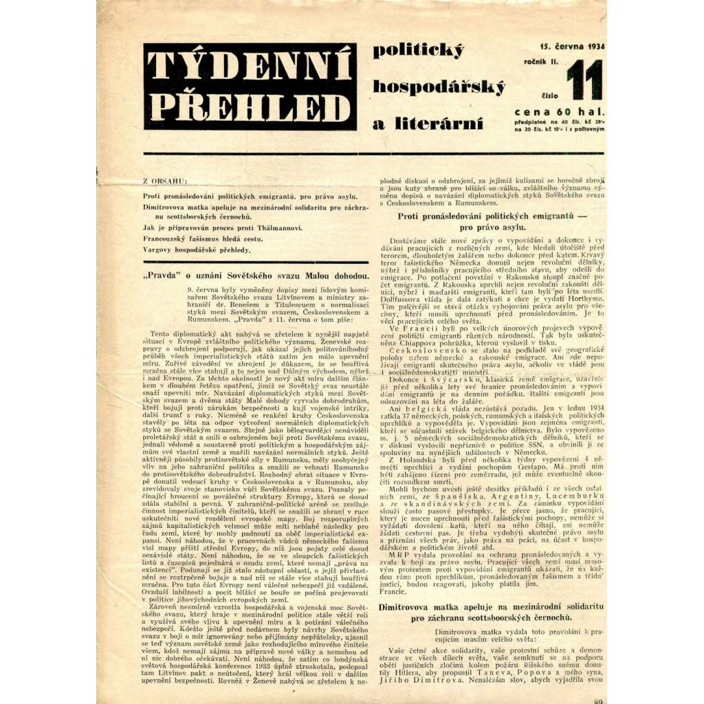 Týdenní přehled politický, hospodářský a literární, ročník II., číslo 11/1934 (1. republika, noviny)