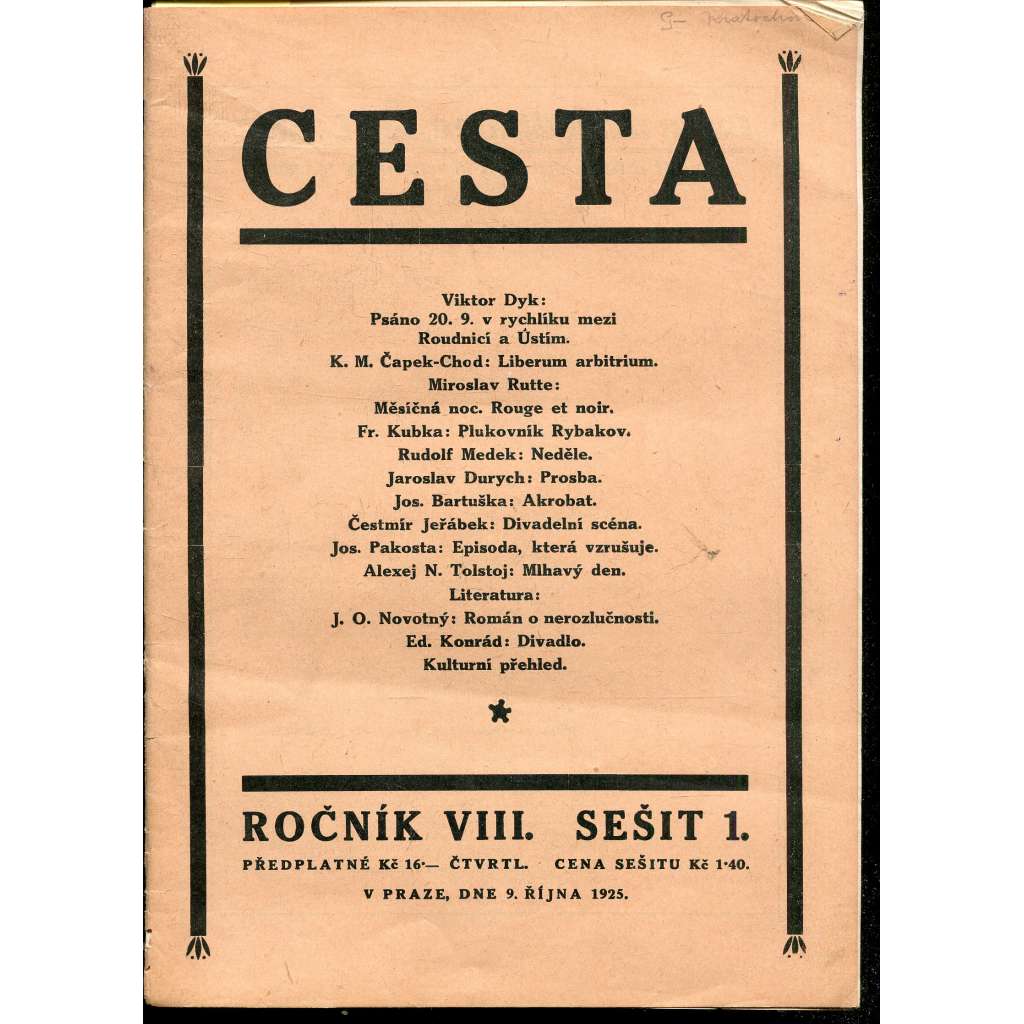 Cesta, ročník VIII. sešit 1/1925 (1. republika, noviny, časopis) Týdeník pro literaturu, život a umění
