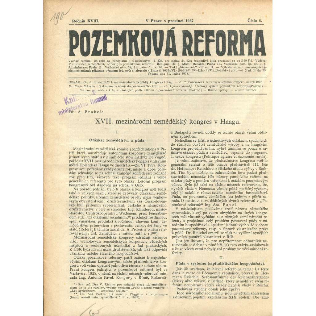 Pozemková reforma, ročník XVIII., číslo 8/1937 (1. republika, noviny)