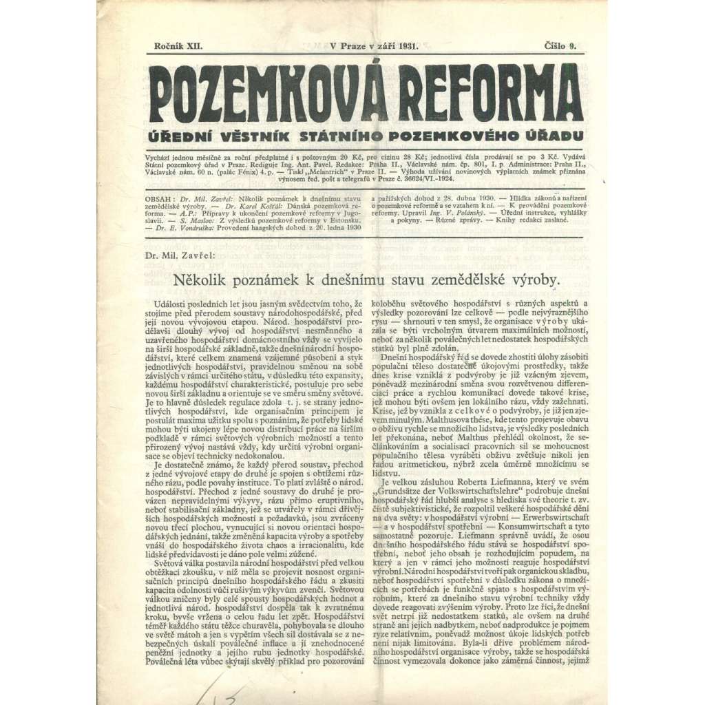 Pozemková reforma, ročník XII., číslo 9/1931 (1. republika, noviny)