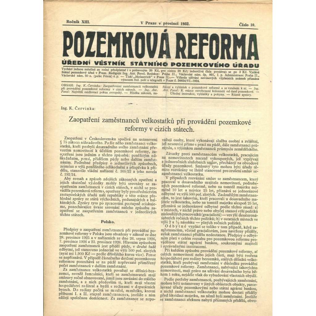 Pozemková reforma, ročník XIII., číslo 10/1932 (1. republika, noviny)