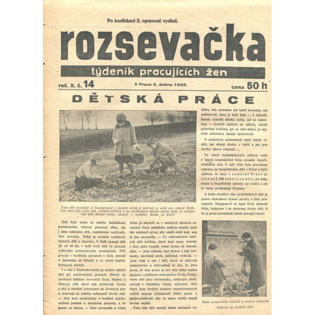 Rozsevačka, ročník X., číslo 14/1935 (časopis, 1. republika, noviny) - Týdeník pracujících žen