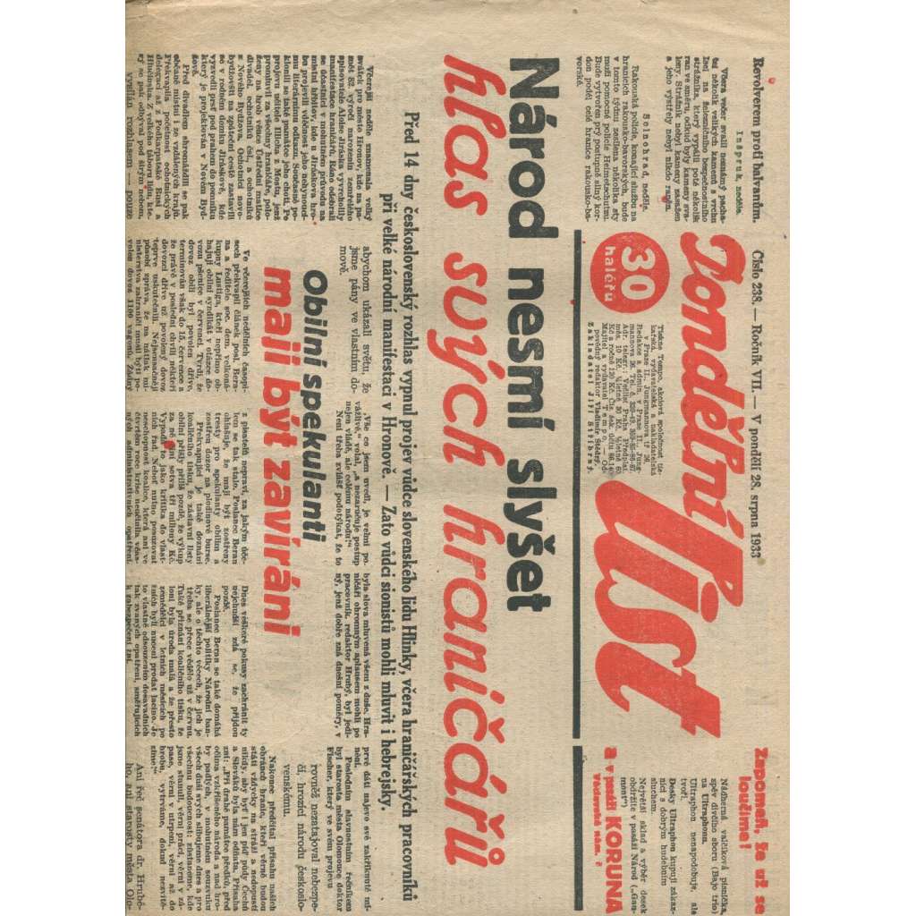 Pondělní list, ročník VII., číslo 238/1933 (1. republika, noviny)