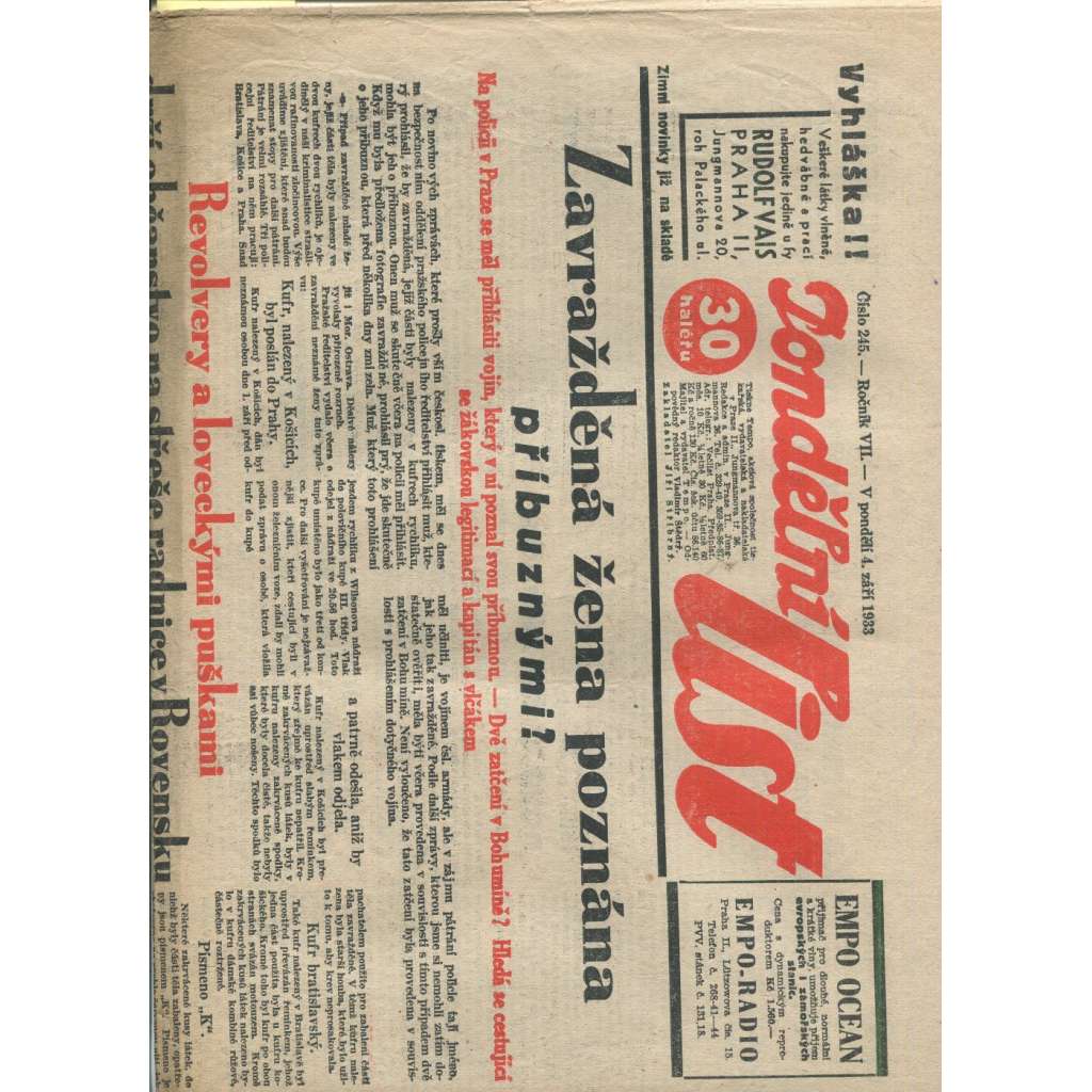 Pondělní list, ročník VII., číslo 245/1933 (1. republika, noviny)