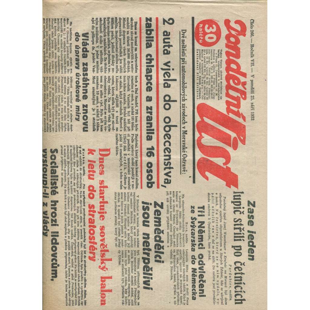 Pondělní list, ročník VII., číslo 266/1933 (1. republika, noviny)