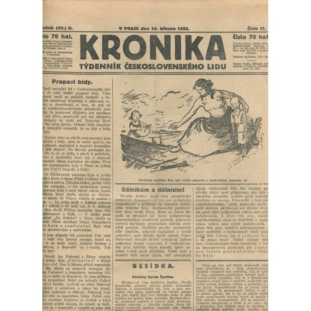 Kronika, ročník II., číslo 21/1922. Týdenník československého lidu (1. republika, noviny)