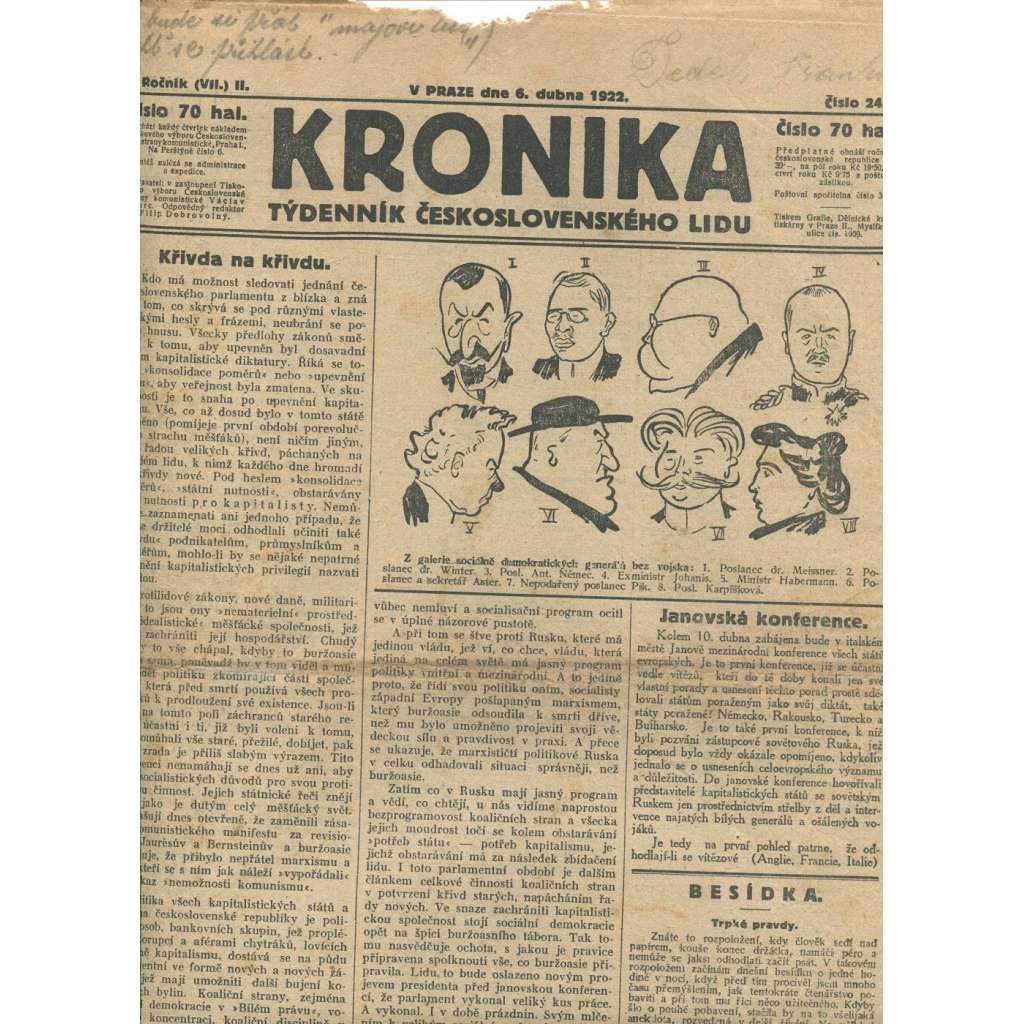 Kronika, ročník II., číslo 24/1922. Týdenník československého lidu (1. republika, noviny)