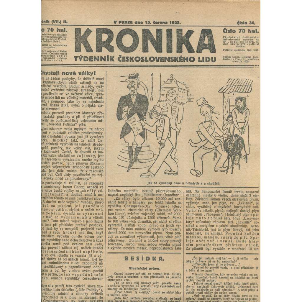 Kronika, ročník II., číslo 34/1922. Týdenník československého lidu (1. republika, noviny)