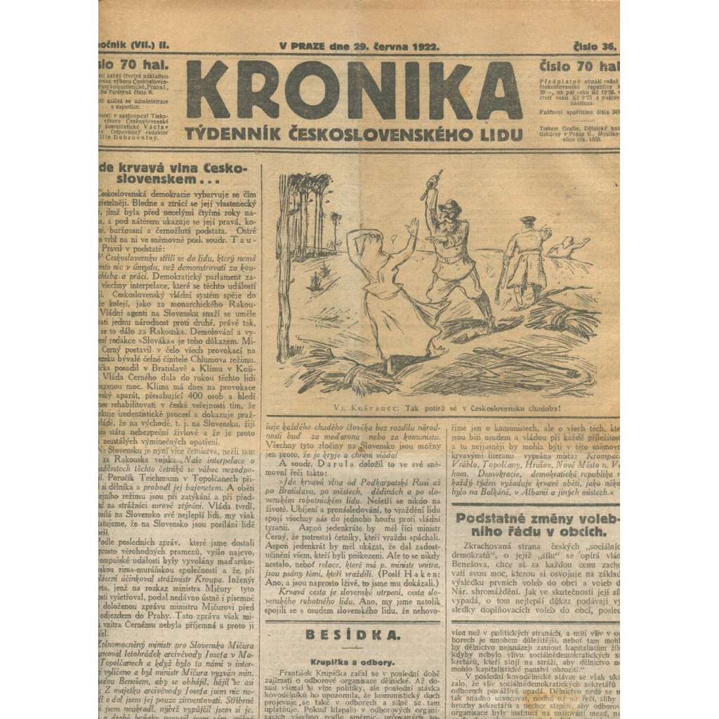 Kronika, ročník II., číslo 36/1922. Týdenník československého lidu (1. republika, noviny)