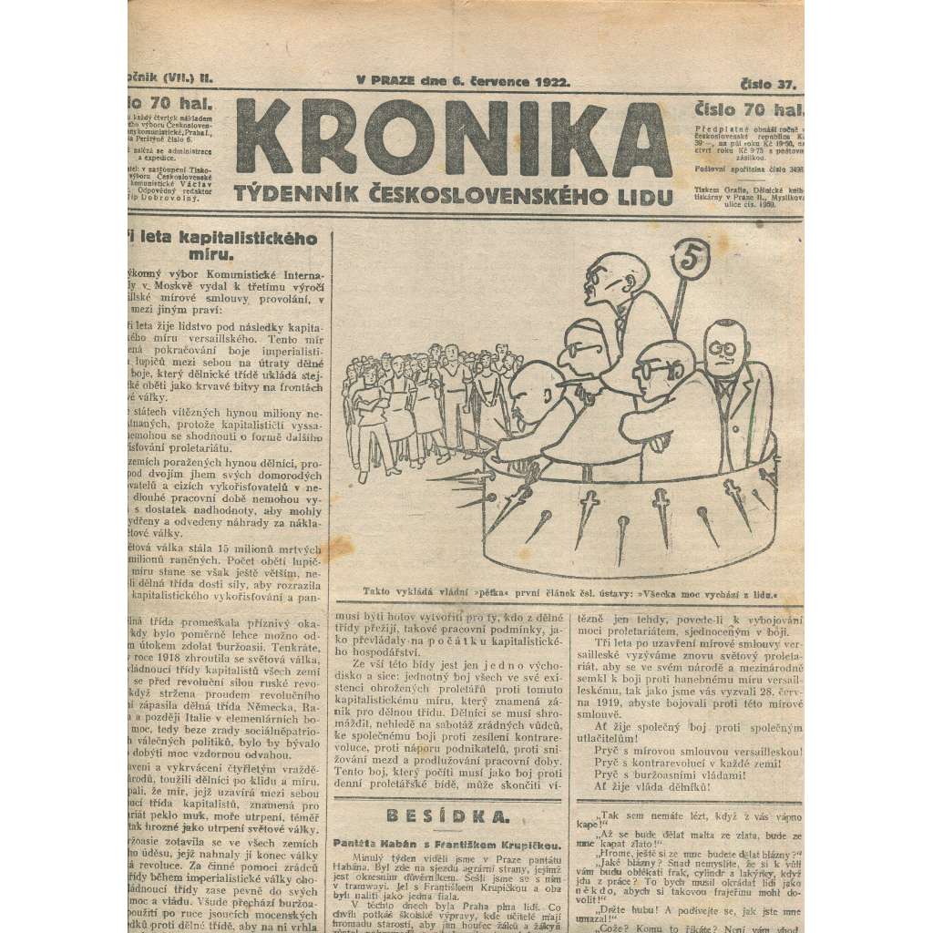 Kronika, ročník II., číslo 37/1922. Týdenník československého lidu (1. republika, noviny)