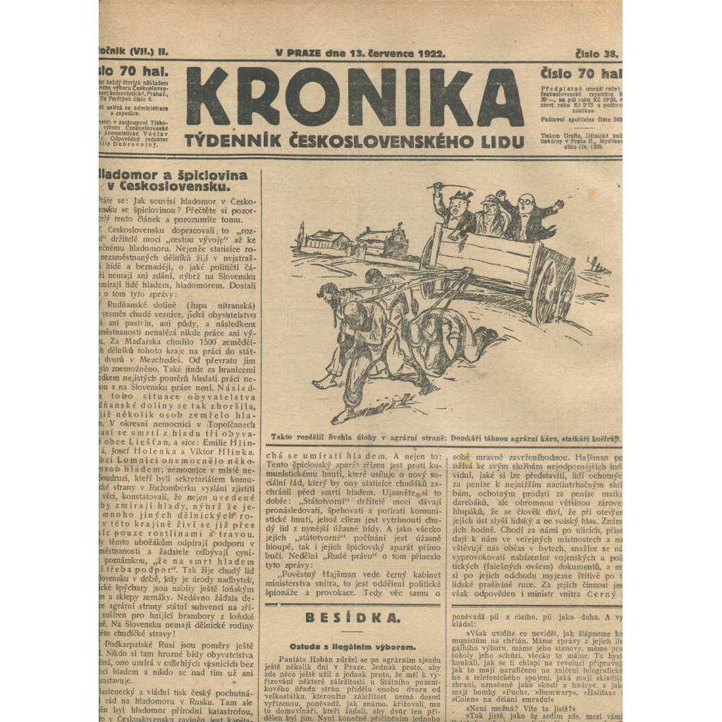 Kronika, ročník II., číslo 38/1922. Týdenník československého lidu (1. republika, noviny)