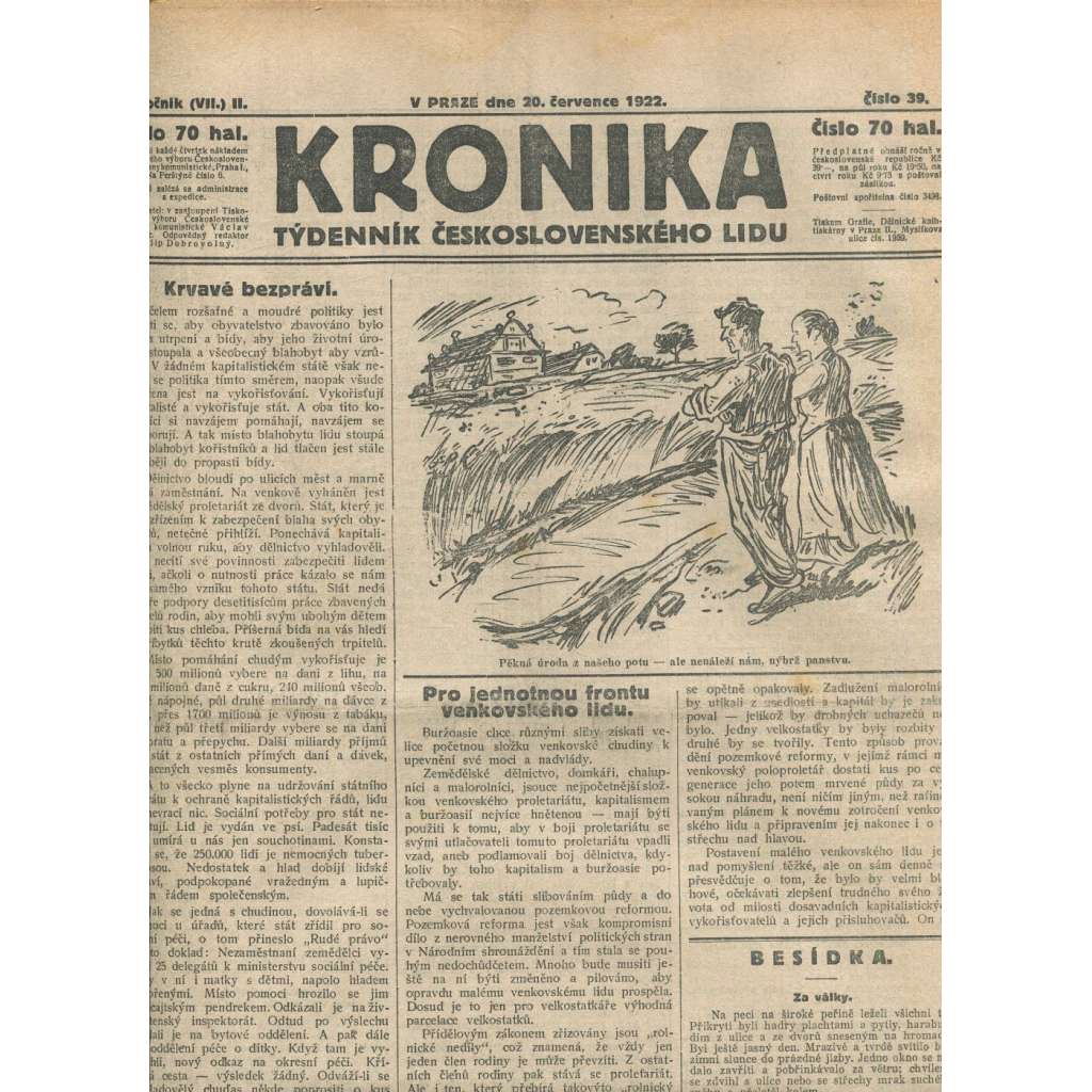 Kronika, ročník II., číslo 39/1922. Týdenník československého lidu (1. republika, noviny)