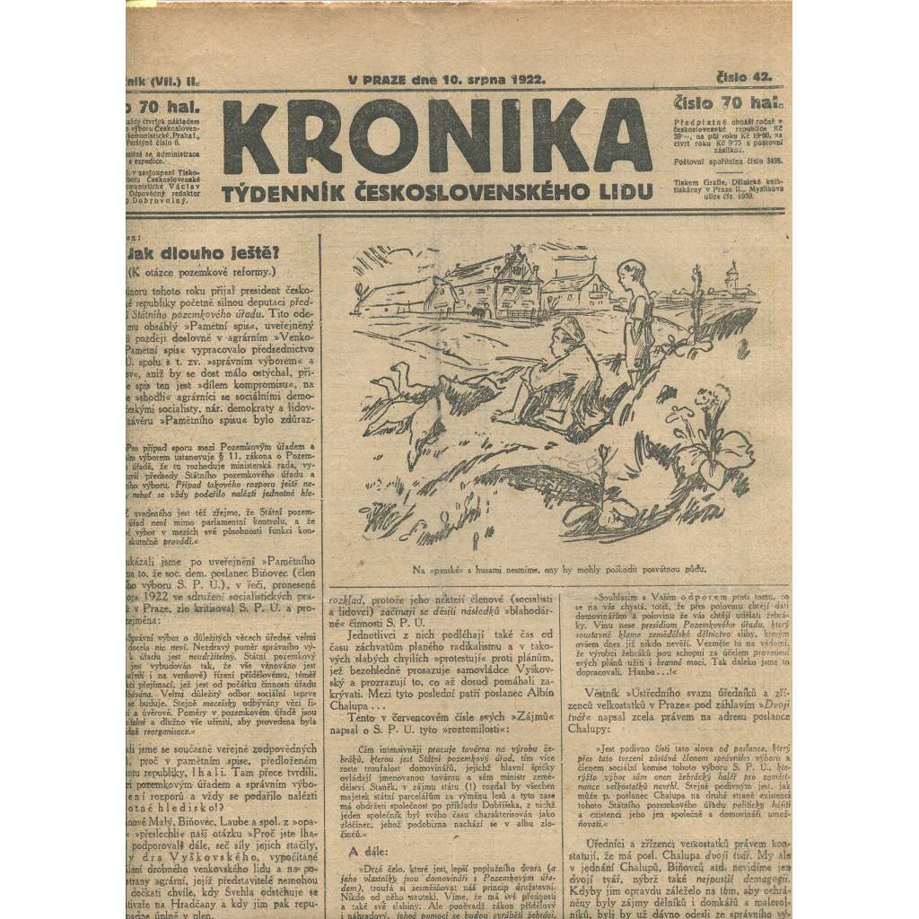 Kronika, ročník II., číslo 42/1922. Týdenník československého lidu (1. republika, noviny)