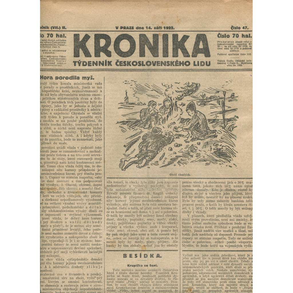Kronika, ročník II., číslo 47/1922. Týdenník československého lidu (1. republika, noviny)