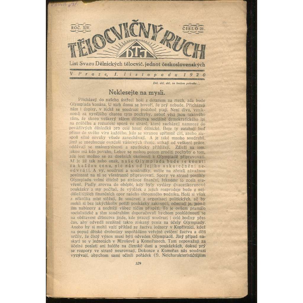 Tělocvičný ruch, Ročník XIV., číslo 21/1920. List svazu dělnických tělocvičných jednot československých (1. republika, staré noviny)