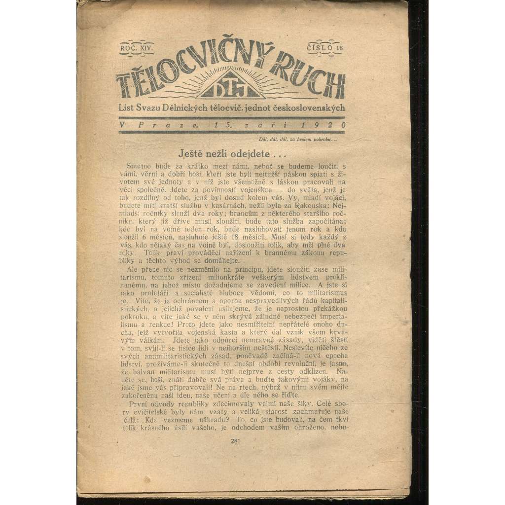Tělocvičný ruch, Ročník XIV., číslo 18/1920. List svazu dělnických tělocvičných jednot československých (1. republika, staré noviny)