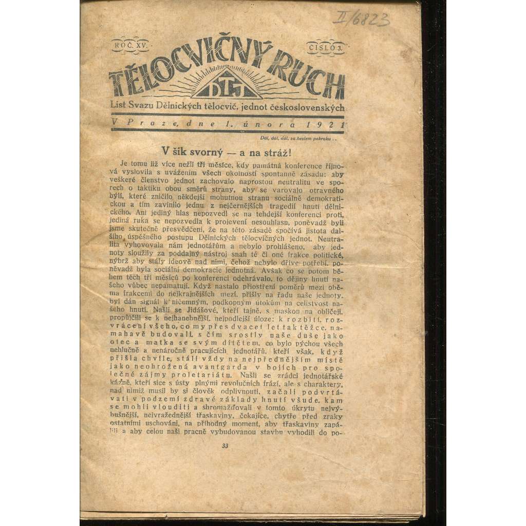 Tělocvičný ruch, Ročník XV., číslo 3/1921. List svazu dělnických tělocvičných jednot československých (1. republika, staré noviny)