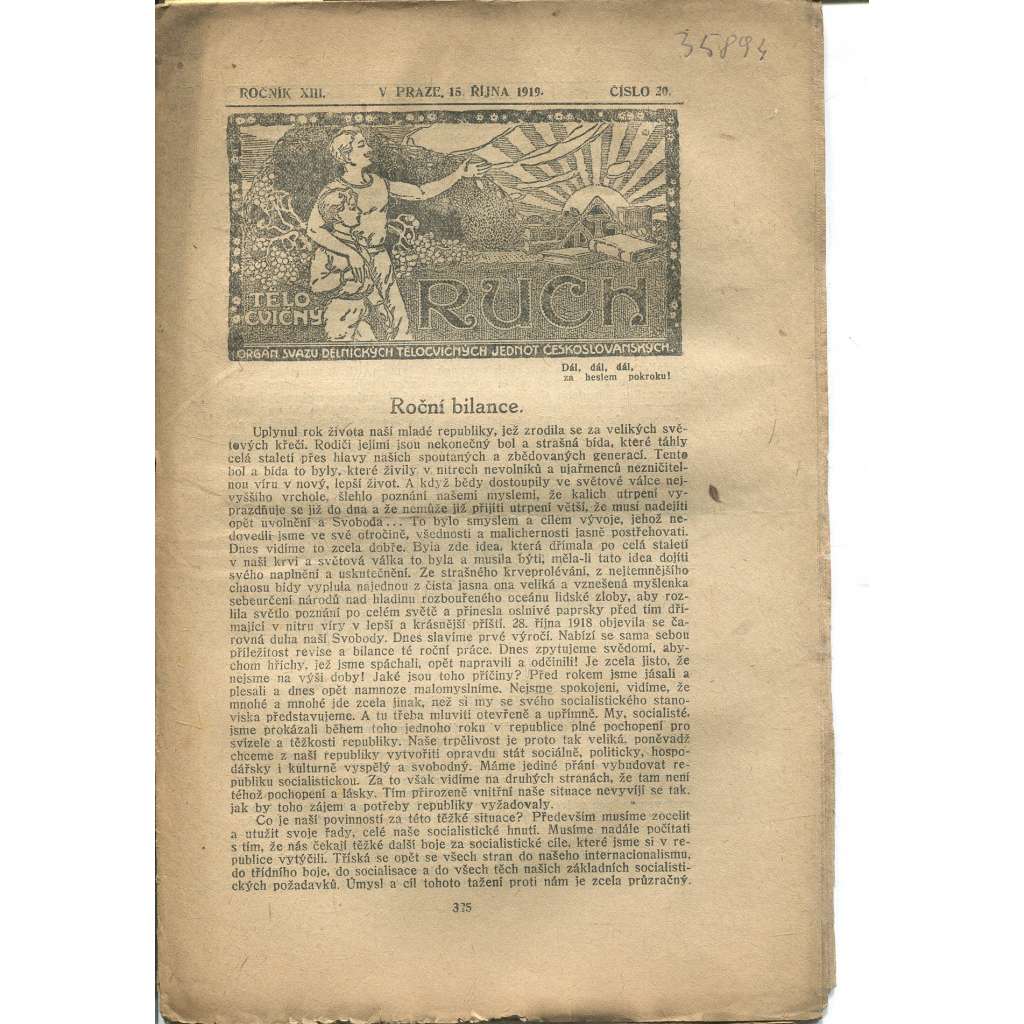 Tělocvičný ruch, Ročník XIII., číslo 20/1919. Orgán svazu dělnických tělocvičných jednot českoslovanských (1. republika, staré noviny)