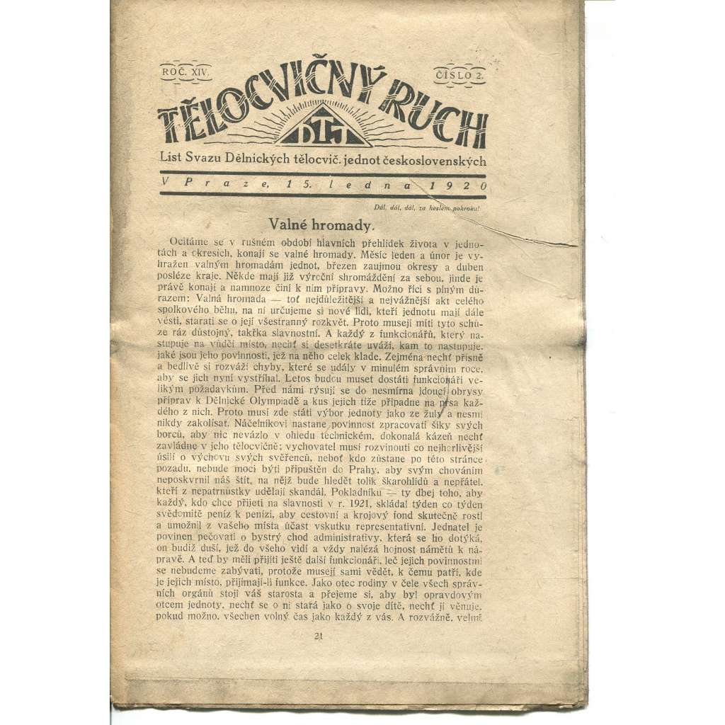 Tělocvičný ruch. Ročník XIV., číslo 2/1920. List svazu dělnických tělocvičných jednot československých (1. republika, staré noviny)