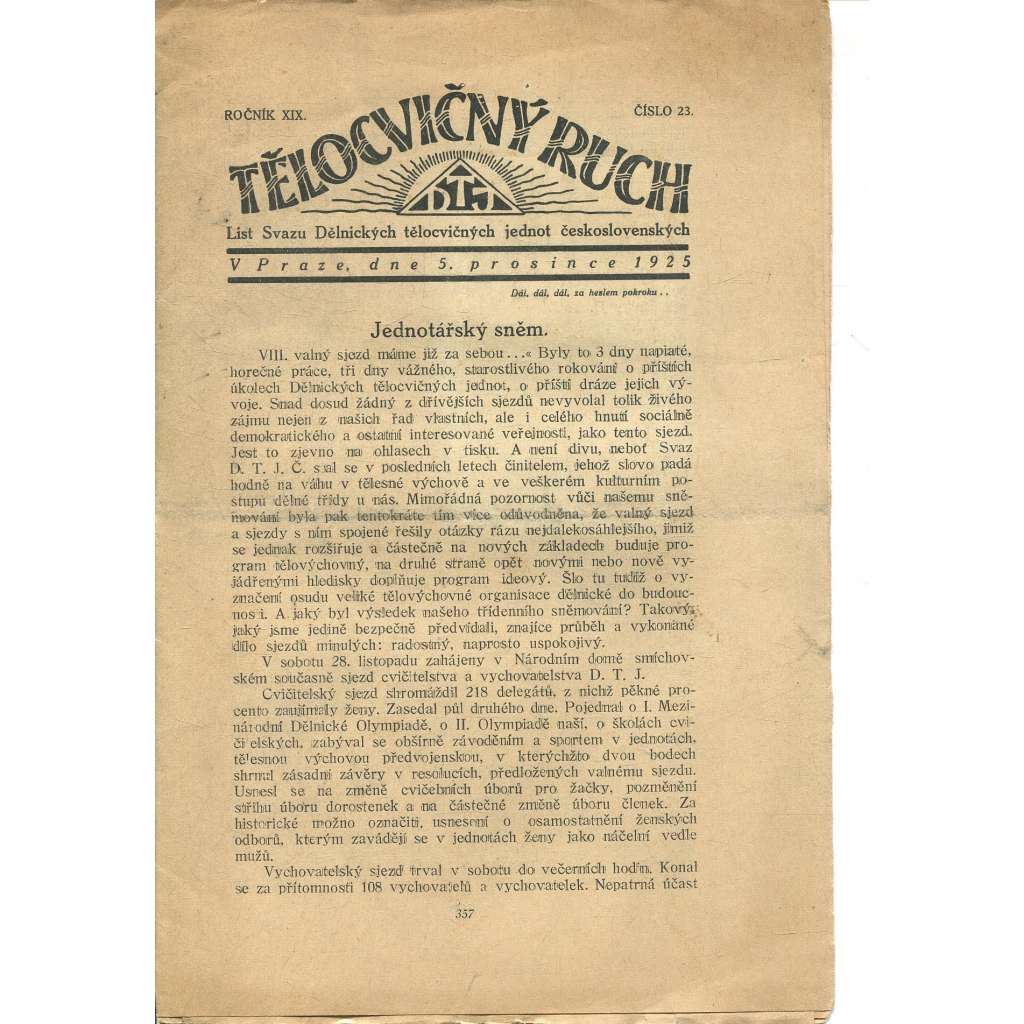 Tělocvičný ruch. Ročník XIX, číslo 23/1925. List svazu dělnických tělocvičných jednot československých (1. republika, staré noviny)