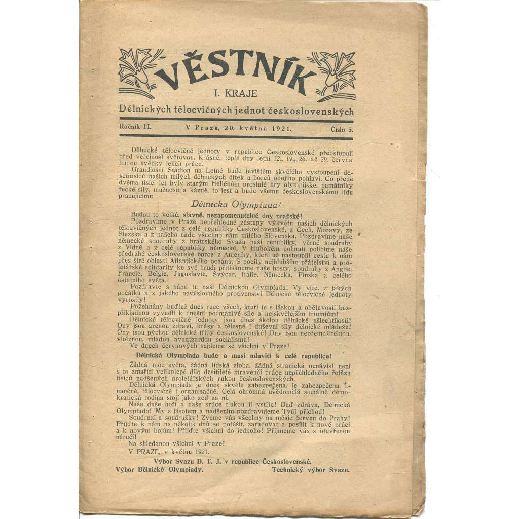 Věstník I. kraje Dělnických tělocvičných jednot československých. Ročník II., číslo 5/1921 (1. republika, staré noviny)