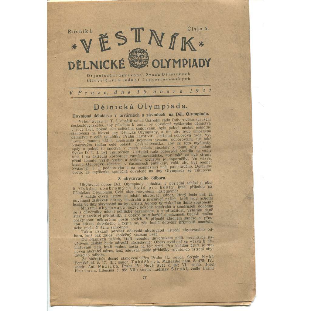 Věstník Dělnické olympiady. Ročník I., číslo 5/1921. Organisační zpravodaj Svazu Dělnických tělocvičných jednot československých (1. republika, staré noviny)