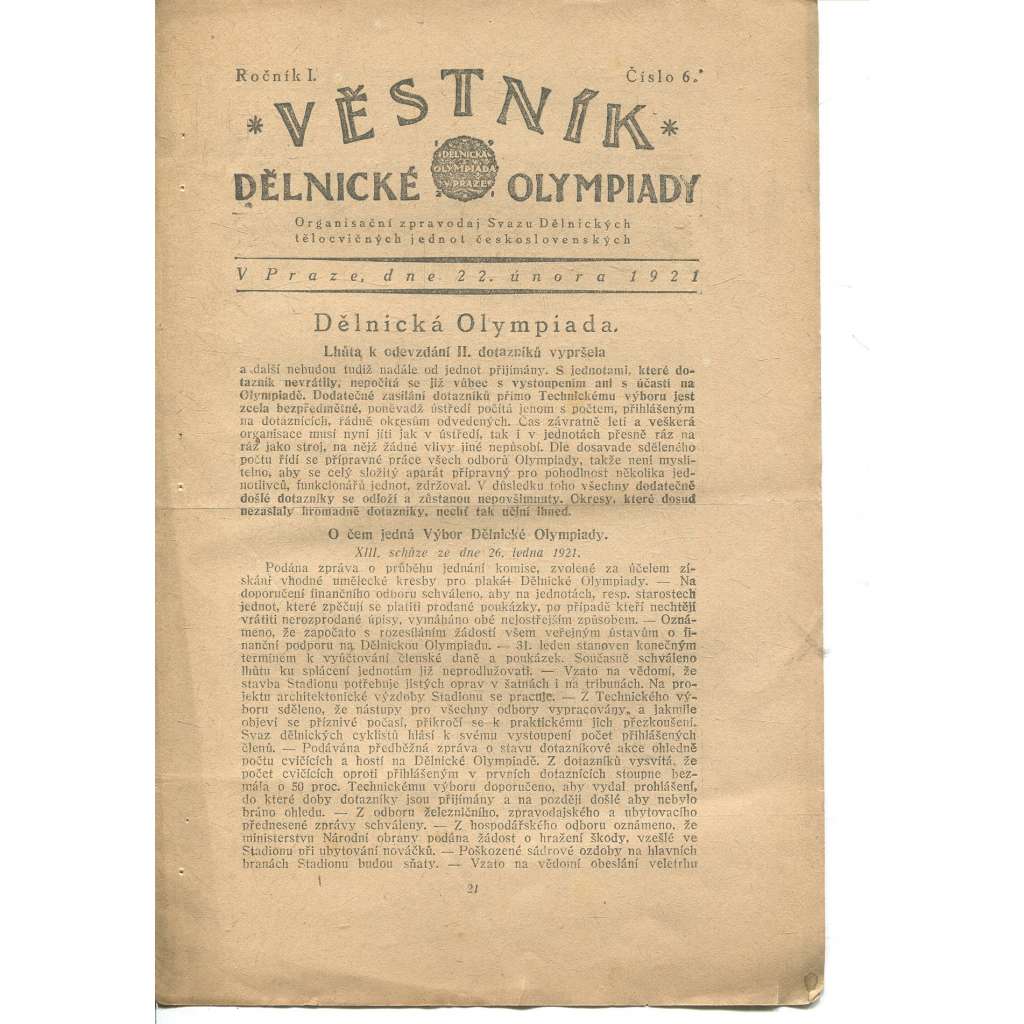 Věstník Dělnické olympiady. Ročník I., číslo 6/1921. Organisační zpravodaj Svazu Dělnických tělocvičných jednot československých (1. republika, staré noviny)