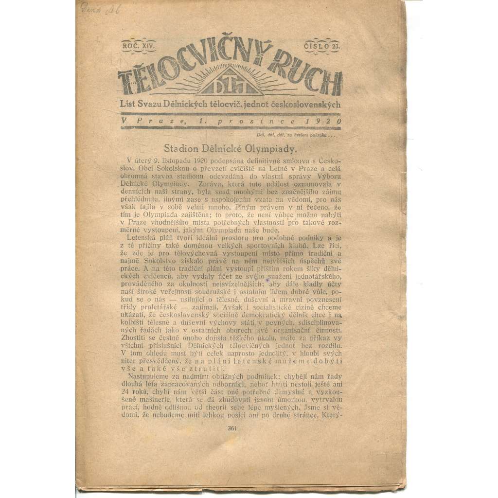 Tělocvičný ruch. Ročník XIV., číslo 23/1920. List svazu dělnických tělocvičných jednot československých (1. republika, staré noviny)