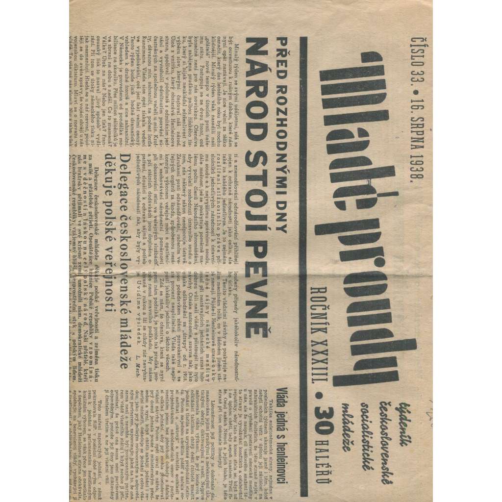 Mladé proudy, ročník XXXIII., číslo 33/1938 (1. republika, staré noviny)