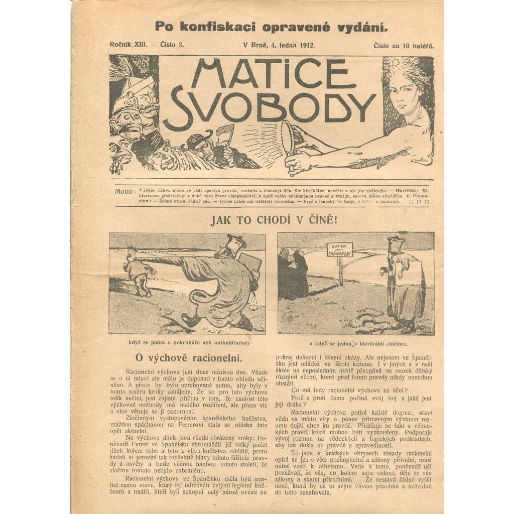 Matice svobody, ročník XIII., číslo 3/1912 (staré noviny)
