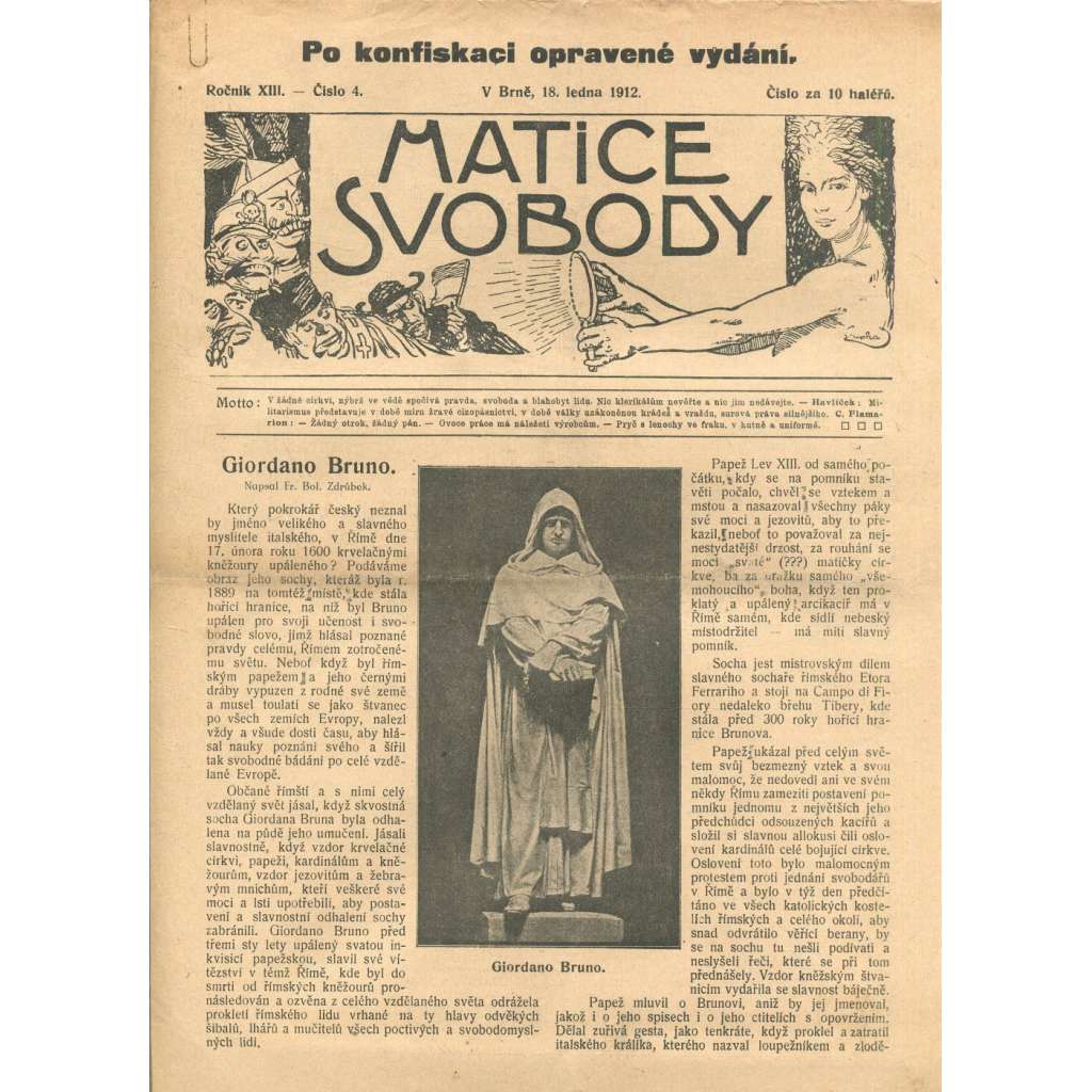 Matice svobody, ročník XIII., číslo 4/1912 (staré noviny)