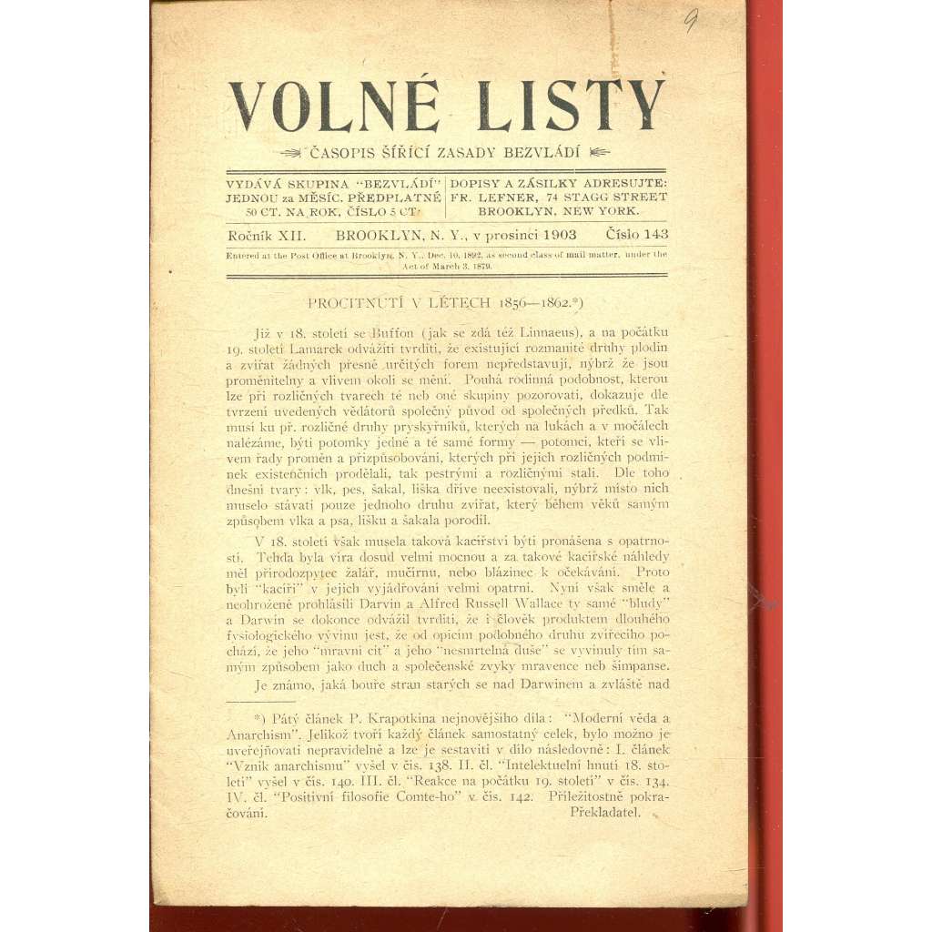 Volné listy, ročník XII., číslo 143/1903. Časopis šířící zásady bezvládí (anarchismus, exil, noviny, časopis, USA)
