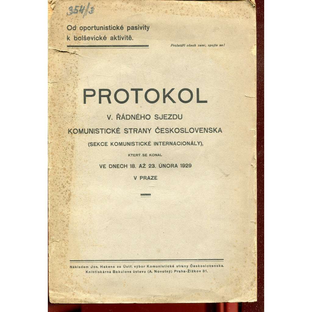 Protokol V. řádného sjezdu Komunistické strany Československa 1929 (levicová literatura, komunistická literatura) - pošk.