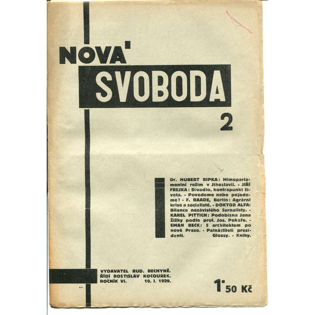 Nová svoboda, ročník VI., číslo 2/1929 (1. republika, časopis, noviny)