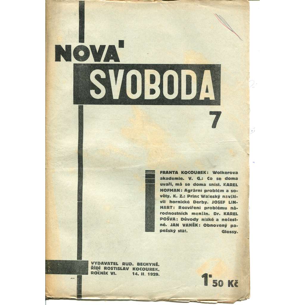 Nová svoboda, ročník VI., číslo 7/1929 (1. republika, časopis, noviny)