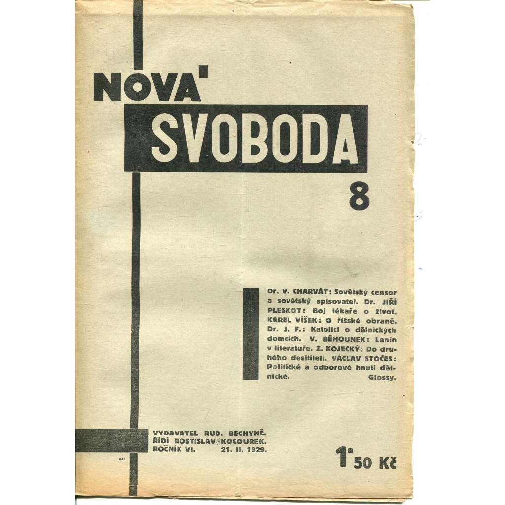 Nová svoboda, ročník VI., číslo 8/1929 (1. republika, časopis, noviny)