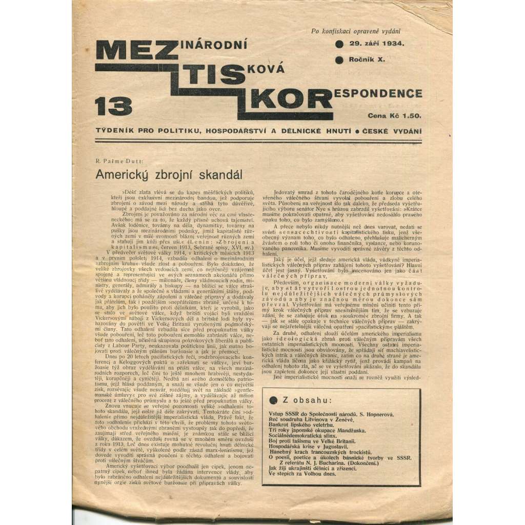 Mezinárodní tisková korespondence, ročník X., číslo 13/1934. Týdeník pro politiku, hospodářství a dělnické hnutí (1. republika, časopis, noviny)