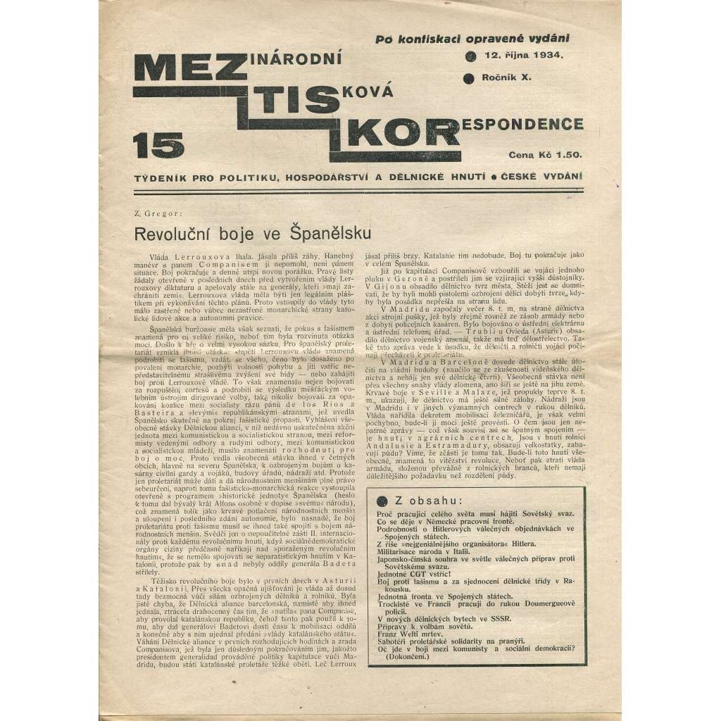 Mezinárodní tisková korespondence, ročník X., číslo 15/1934. Týdeník pro politiku, hospodářství a dělnické hnutí (1. republika, časopis, noviny)