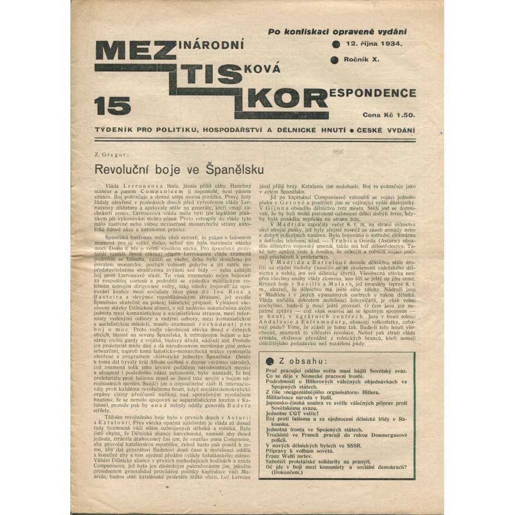 Mezinárodní tisková korespondence, ročník X., číslo 15/1934. Týdeník pro politiku, hospodářství a dělnické hnutí (1. republika, časopis, noviny)