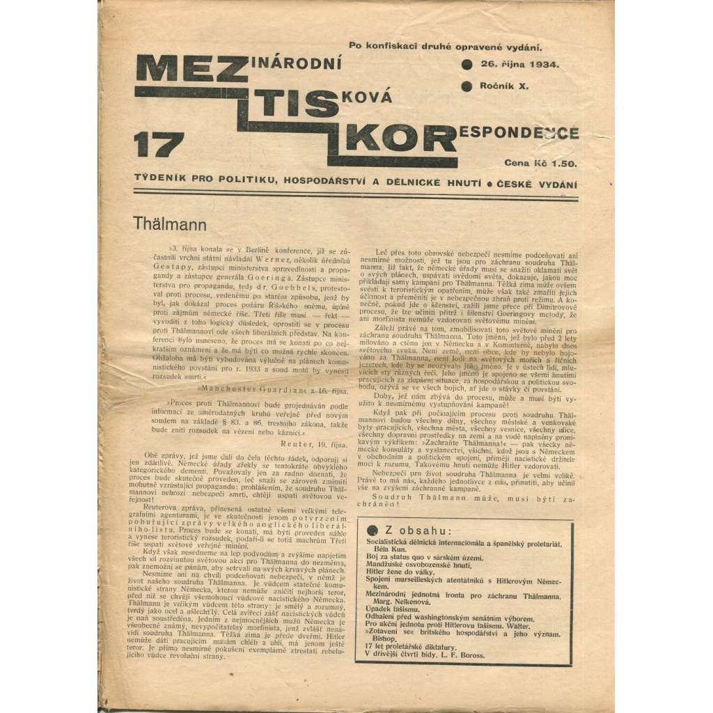 Mezinárodní tisková korespondence, ročník X., číslo 17/1934. Týdeník pro politiku, hospodářství a dělnické hnutí (1. republika, časopis, noviny)