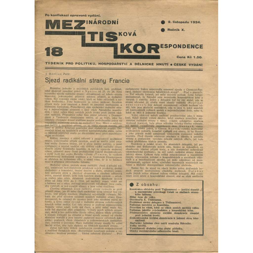 Mezinárodní tisková korespondence, ročník X., číslo 18/1934. Týdeník pro politiku, hospodářství a dělnické hnutí (1. republika, časopis, noviny)