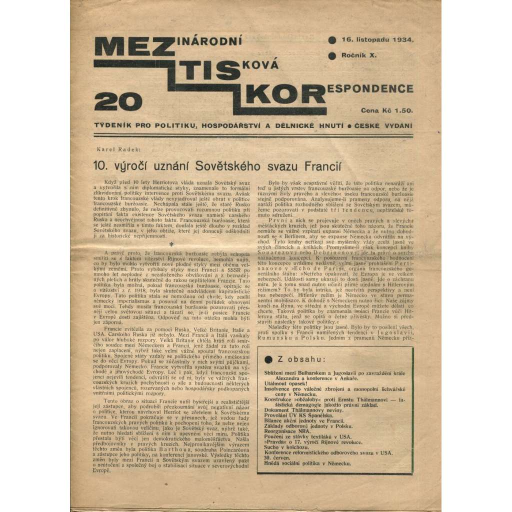 Mezinárodní tisková korespondence, ročník X., číslo 20/1934. Týdeník pro politiku, hospodářství a dělnické hnutí (1. republika, časopis, noviny)