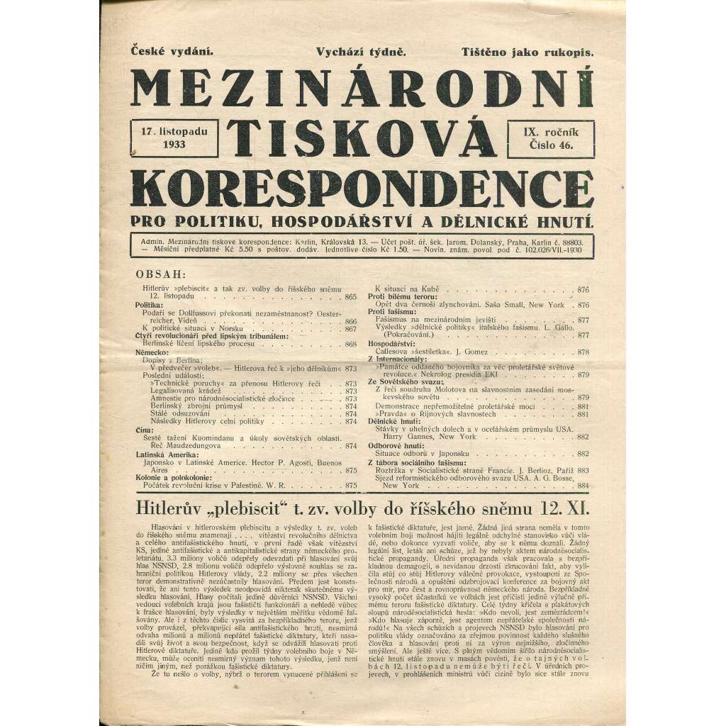 Mezinárodní tisková korespondence pro politiku, hospodářství a dělnické hnutí, ročník IX., číslo 46/1933 (1. republika, časopis, noviny)