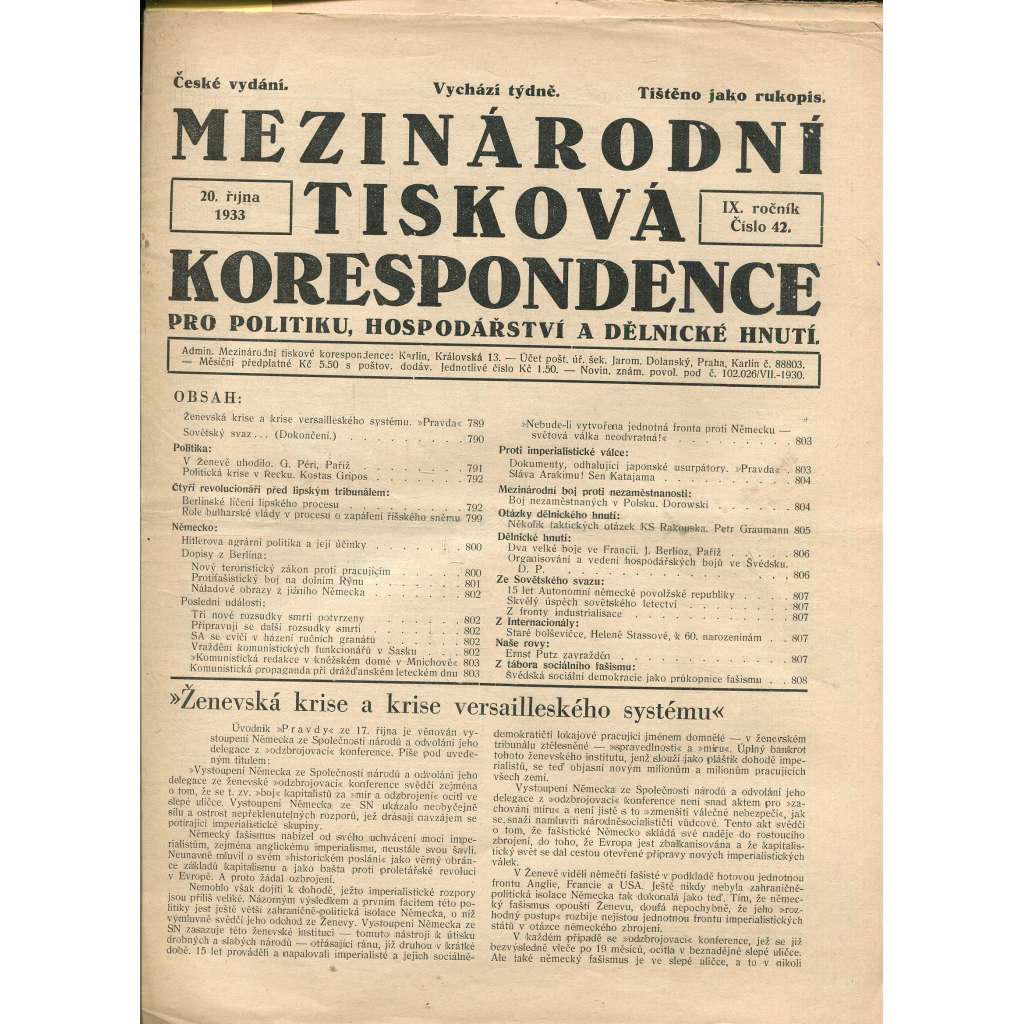Mezinárodní tisková korespondence pro politiku, hospodářství a dělnické hnutí, ročník IX., číslo 42/1933 (1. republika, časopis, noviny)